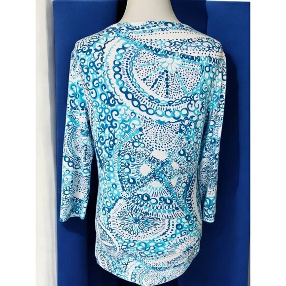 Cape Madras Womens Quarter Sleeve Stretch Blue White Patterned Tunic Top Small - Picture 3 of 8